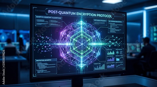 Futuristic data visualization of post-quantum encryption protocols on monitor in a high-tech lab setting