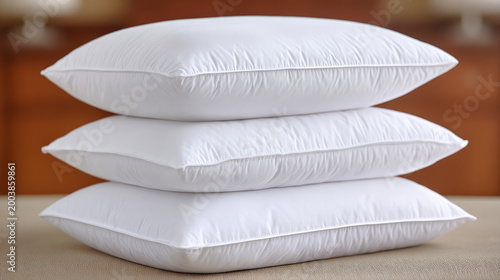 A stack of three plush, white down pillows on a neutral surface. The clean, crisp bedding is presented in a bright, airy setting with a soft-focus wooden background.