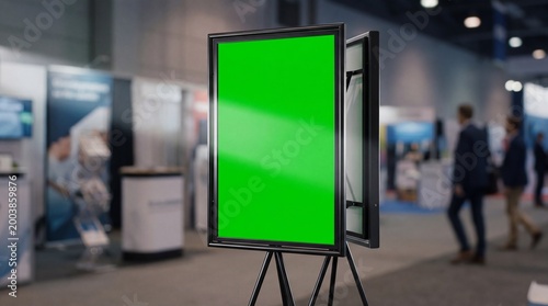 A large green mockup poster stand in a modern exhibition hall with blurred background exhibitors. Ideal for advertising purposes
