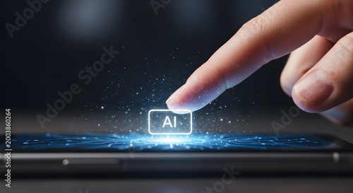 Artificial intelligence interface on smartphone, finger touching AI icon, digital technology