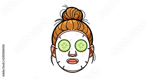 Illustration of a woman with a sheet mask and cucumber slices on eyes, hair in a bun, isolated on white background