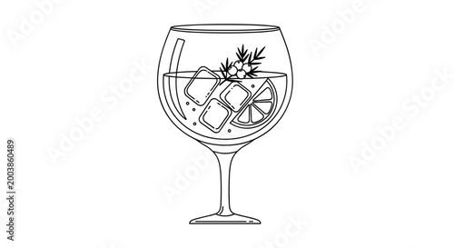 Line art illustration of a gin and tonic in a large balloon glass with ice, citrus slice, and rosemary sprig on a white background