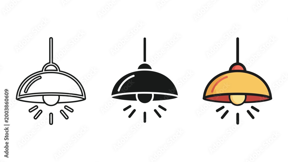Fototapeta premium Three Retro Pendant Lamp Icons: Outline, Silhouette, and Color Flat Design Vector Illustration