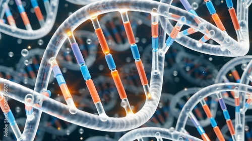 3D double helix DNA strand rotating with glowing nucleotides and molecular bonding