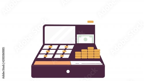Cash register with coins and banknotes. Animation of counting coins and banknotes, alpha channel. Cartoon