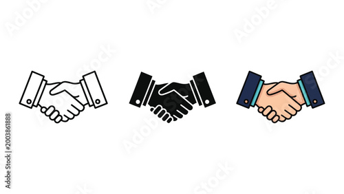 Set of handshake vector illustrations in outline, silhouette, and flat color styles representing agreement