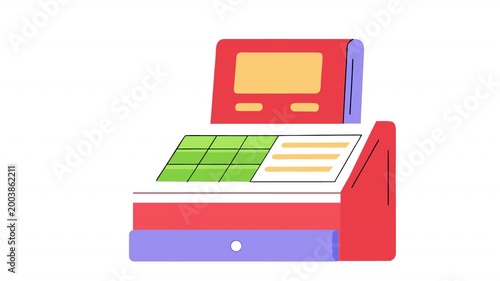 Multicolored cash register with coins. Cash register animation, alpha channel. Cartoon