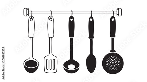 Kitchen utensils hanging on a rack Vector, illustration