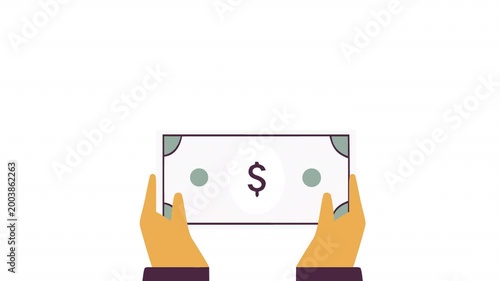 Transferring money. Animation of a hand holding a dollar bill, alpha channel. Cartoon