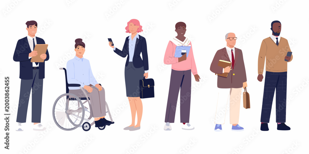 Fototapeta premium diverse group of seven people including a wheelchair user vector illustration on a white background