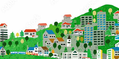 Bilde på lerret colorful hillside town illustration with varied architecture and lush green tree