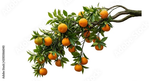 fresh ripe oranges hanging on tree branch with metal whisk in rustic harvest concept