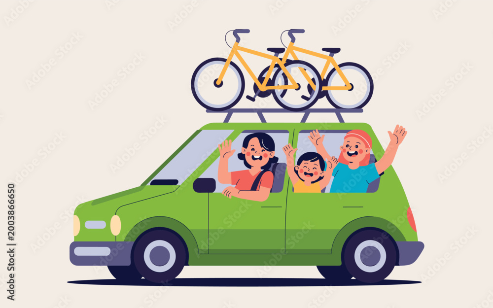 Naklejka premium Family on a road trip with bicycles on the car roof happily driving