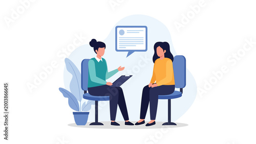 Two women sitting in chairs, one holding a clipboard and talking to the other, representing a therapy or counseling session.