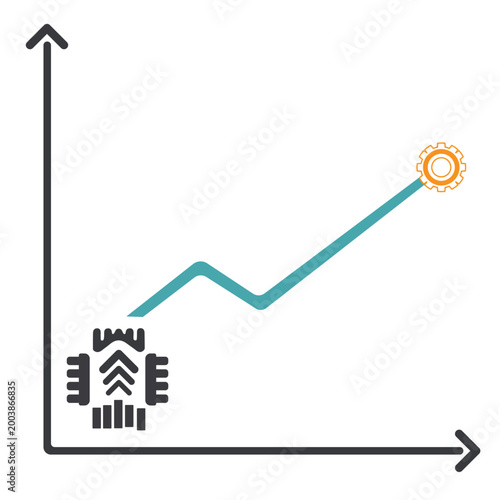Machine learning growth graph vector illustration with processor chip and gear for AI business progress and data analysis.