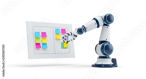 Robotic arm placing colorful sticky notes on a whiteboard with precision