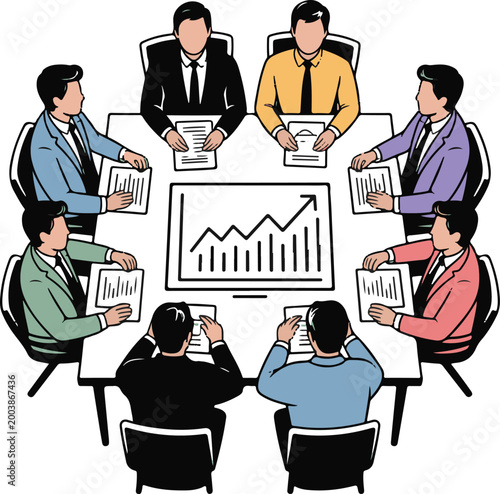 Startup modern office meeting scene with investors and founders discussing charts