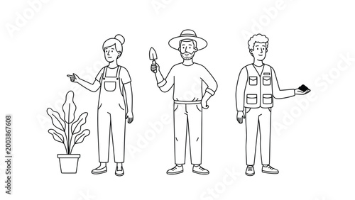 Minimalist line art illustration of gardeners and outdoor workers with plants, tools, and technology.