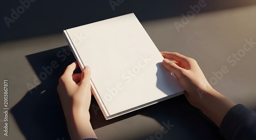 Closeup of hands holding a blank white book cover mockup, top view, soft natural lighting on a dark grey surface, professional design presentation