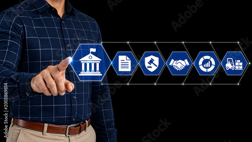 Businessman Hand Pointing Government Procurement Workflow Interface with Contract, Legal Compliance, Partnership and Logistics Management System