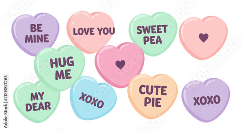 Foto Valentine Candy Hearts with Sweet Messages, Love Symbols, and Pastel Colors