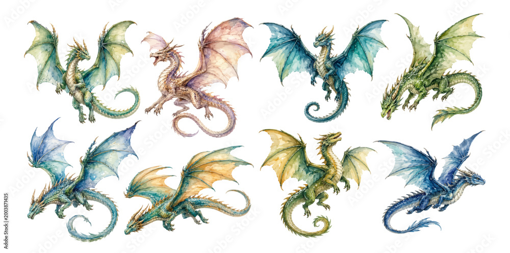 Obraz premium A charming watercolor set of fantasy dragons featuring colorful wings curled tails and detailed scales illustrated in a magical storybook style.