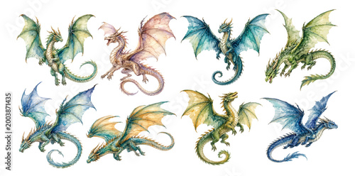 Obraz na plátne A charming watercolor set of fantasy dragons featuring colorful wings curled tails and detailed scales illustrated in a magical storybook style
