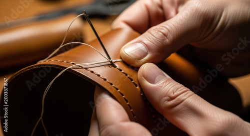 Hands meticulously stitching leather with needle and thread.