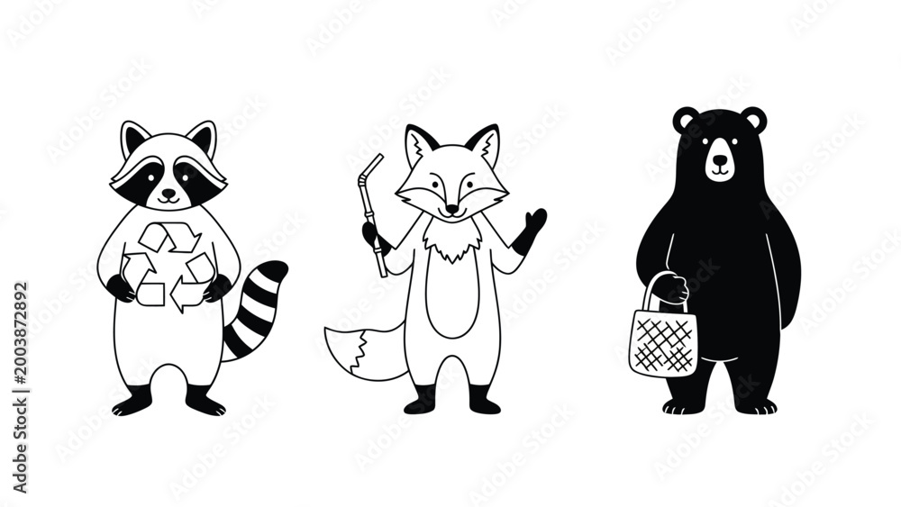 Naklejka premium Eco-Friendly Cartoon Animals Collection: Raccoon, Fox, Bear with Recycling Symbol, Reusable Straw and Shopping Bag