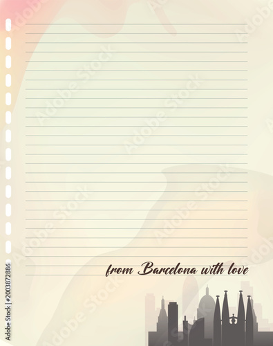 Barcelona city skyline vector notepad page with lined paper and place for text. From Barcelona With Love message on a note, blank design with copy space