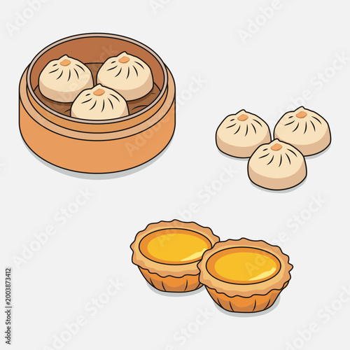 Vector illustration of Chinese dim sum, steamed buns in a bamboo basket, and delicious yellow egg tarts.
