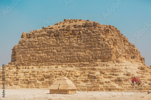 Close-up of Ancient Limestone Pyramid Blocks in Giza with Camel and Copy Space