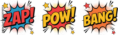Comic sound effects vector illustration set, colorful zap pow bang text in speech bubbles for dynamic cartoon action graphics and pop art design use.