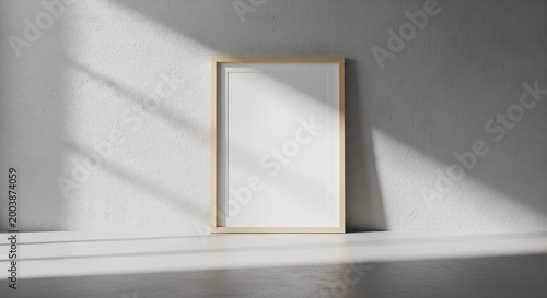 Minimalist framed artwork mockup with soft lighting and shadow play on a white surface
