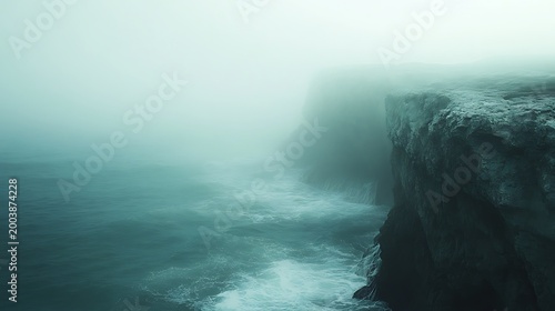Mystical cliffside seascape enveloped in ethereal fog and crashing turquoise waves