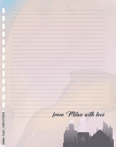 Milan city skyline vector notepad page with lined paper and place for text. From Milan With Love message on a note, blank design with copy space