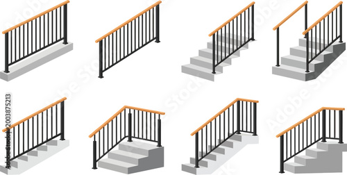 Isometric stairs railing set with metal balustrade and wooden handrail for architectural design and construction visualization vector illustration collection
