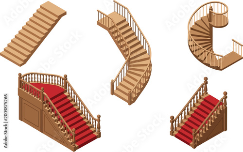 Isometric wooden stairs collection featuring spiral curved and straight staircases with red carpet and elegant railings isolated 3D vector illustration set