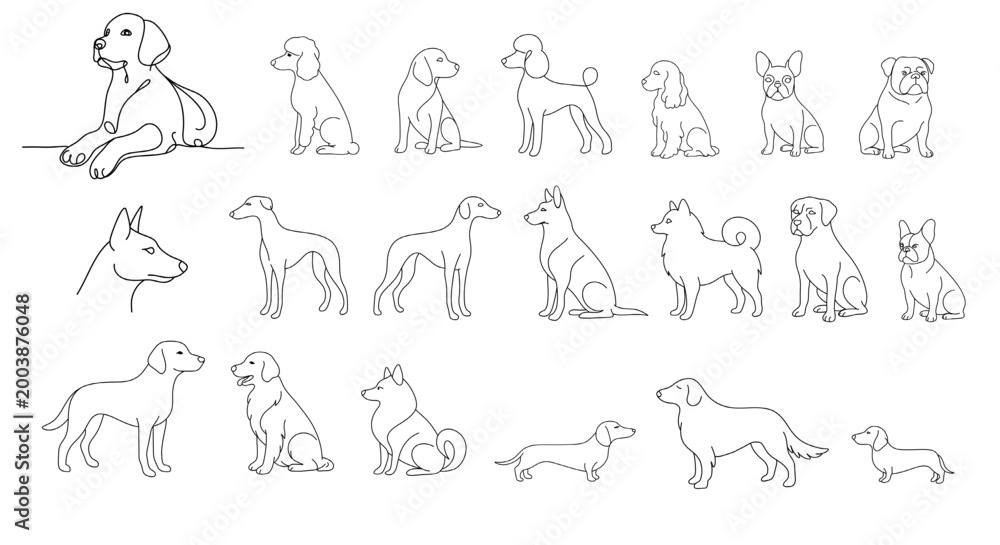 Obraz premium Canine Silhouette Collection: Diverse Dog Breeds in Minimalist Art, Dog Breed Variety: Expressive Canine Forms in Simple Illustration