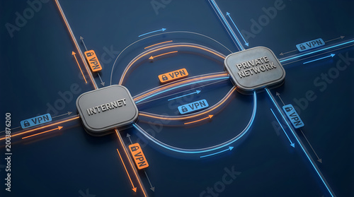 Conceptual diagram showing secure vpn connection between internet and private network with data flow lines