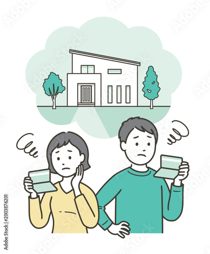 通帳を見て住宅資金や購入に悩みつつ一軒家を思い浮かべる若い夫婦

