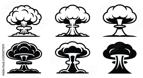 Bild auf Leinwand Six stylized depictions of mushroom clouds representing nuclear explosions vecto