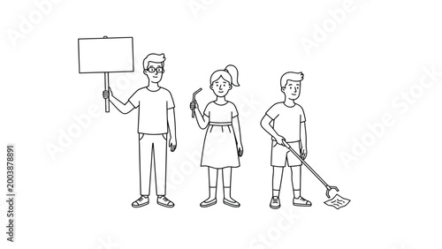Community Action Line Art: People Protesting, Planting & Cleaning for Environmental Protection and Social Change