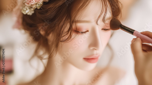 挙式当日の朝、ウェディングドレス姿でヘアメイクを受ける幸せそうな新婦の美しい準備風景
