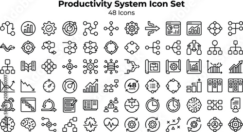 Productivity system icon set featuring workflow management analytics planning business performance tools and modern outline vector symbols collection
