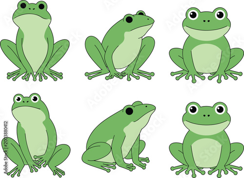 Cute frog vector set, green cartoon frogs in different poses, amphibian characters illustration, playful nature animal design elements