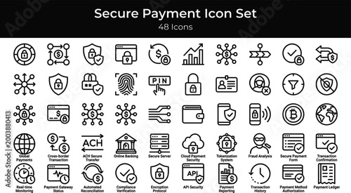 Secure payment icon set featuring digital banking fintech transactions authentication wallet security and online finance outline vector symbols