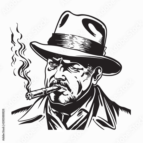 Obraz na plátne Vintage Gangster Boss Portrait Smoking Tobacco Wearing Classic Fedora Vector