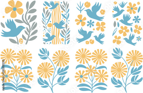 Floral pattern vector illustration set, decorative flowers and leaves collection, seamless botanical designs, flat style background elements
