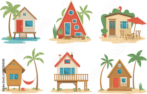 Tropical beach house vector set, colorful seaside cottages with palm trees, summer vacation homes illustration, island resort design elements